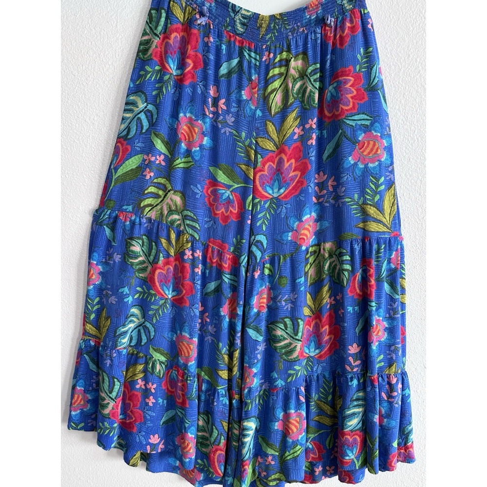 Johnny Was Rumba Tiered Pants L Blue Floral Rayon Palazzo Wide Leg Boho Resort - Picture 3 of 16